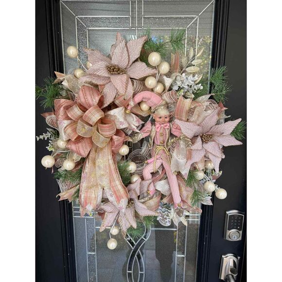 Rose Gold Elf Christmas Door Wreath - Picture 1 of 8